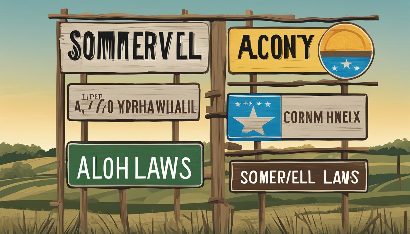 A rustic county sign displaying "Somervell County Alcohol Laws" with a crossed-out drink icon