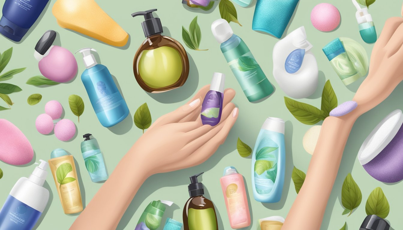 A person holding a handful of soapberries, surrounded by various personal care products such as shampoo, soap, and lotion