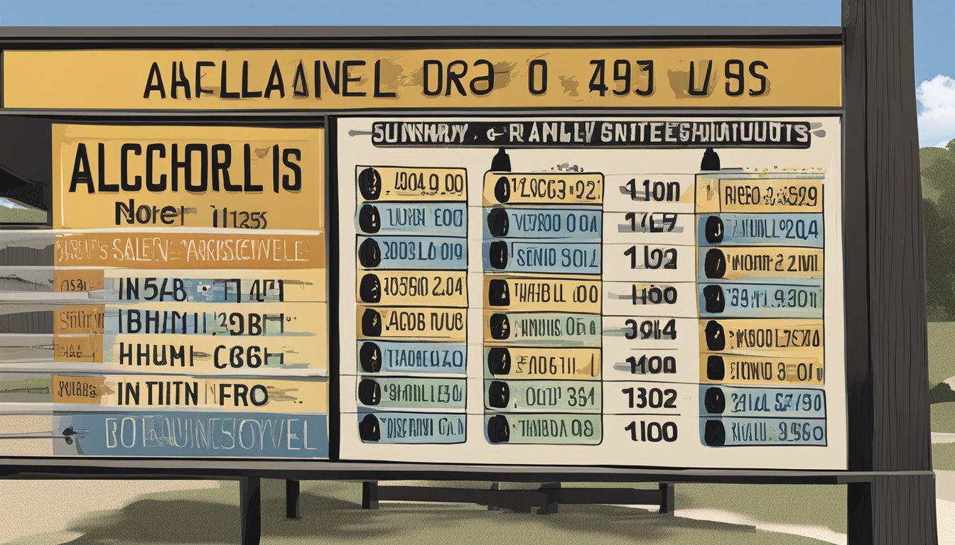 A sign displaying the operational hours and sales restrictions for alcohol in Somervell County, Texas