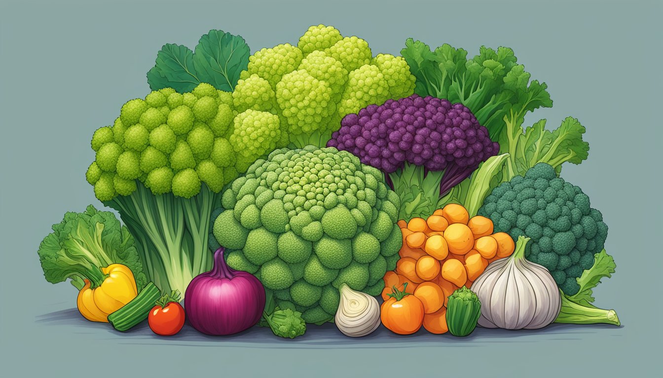 A vibrant illustration of romanesco surrounded by other colorful vegetables, with a halo of glowing light emphasizing its nutritional benefits