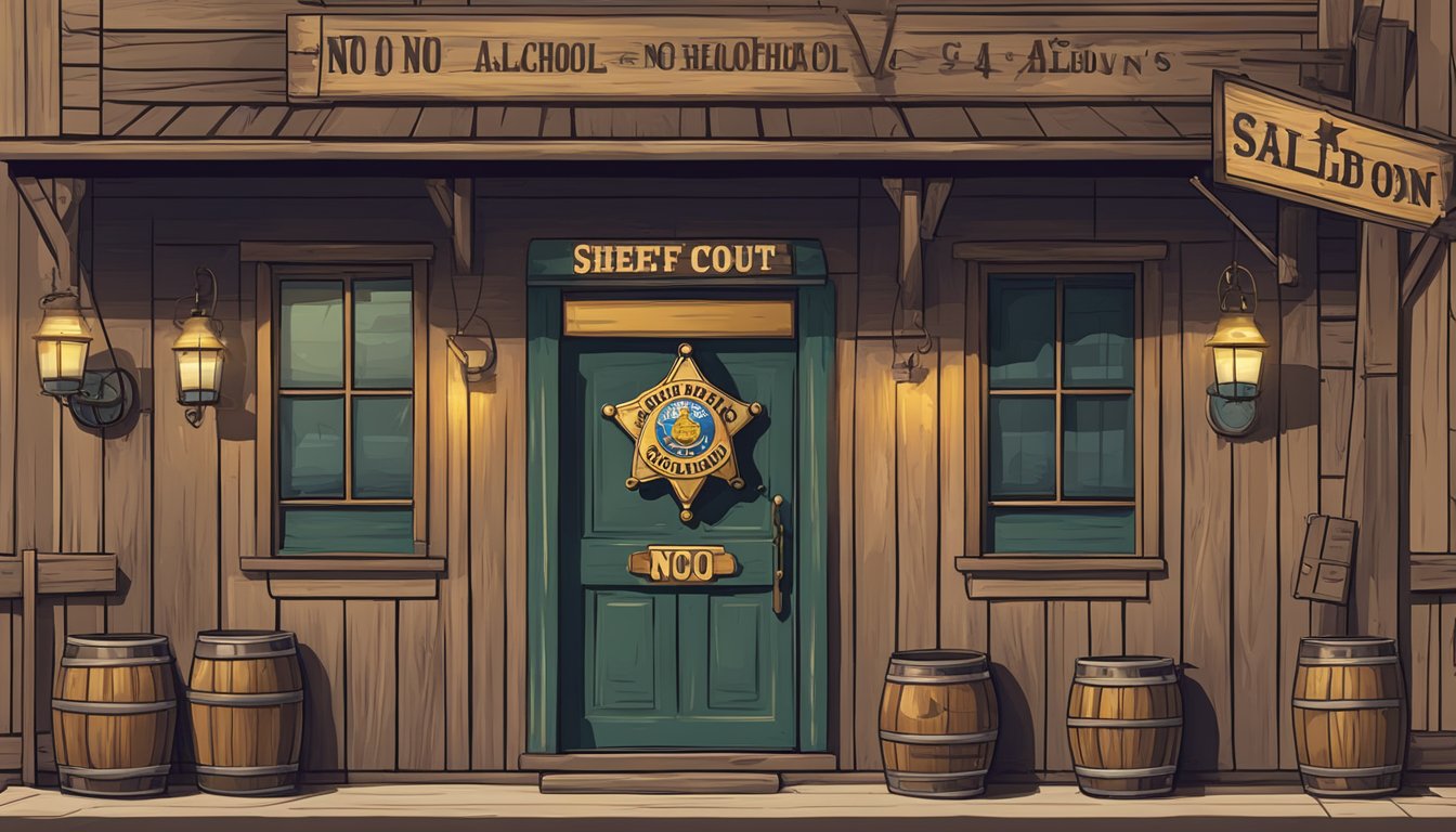 A sheriff's badge hanging on a signpost outside a rustic saloon. A "No Alcohol" sign is prominently displayed in the window