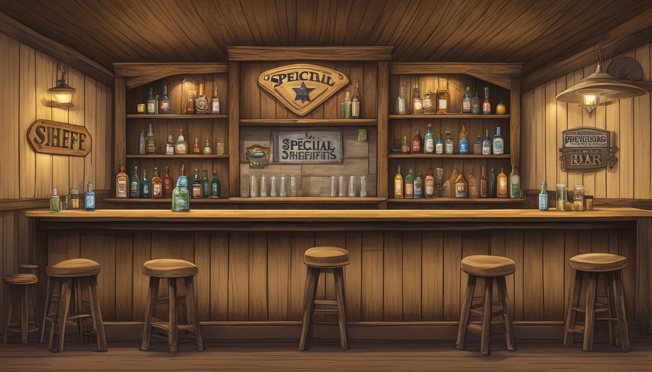 A rustic, western-style bar with a "Special Provisions" sign and a sheriff's badge displayed prominently