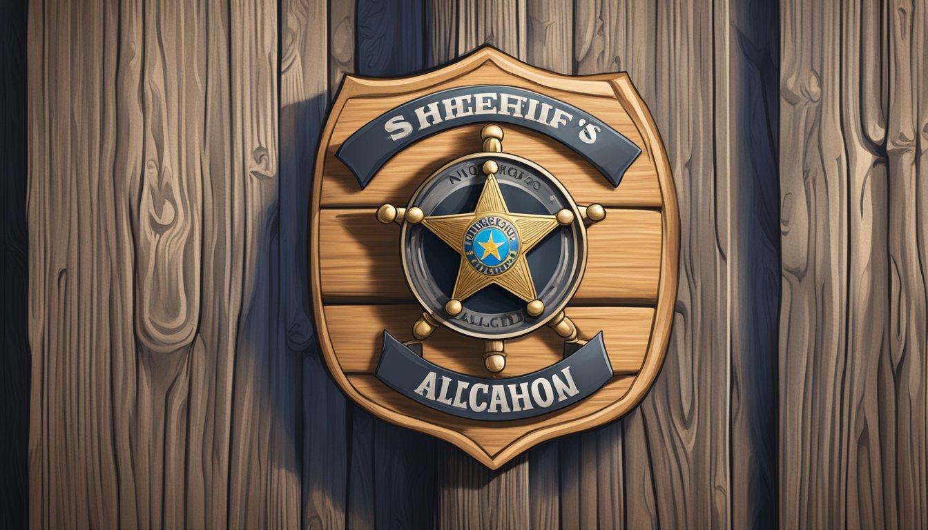 A sheriff's badge pinned to a wooden post with a "No Alcohol" sign in the background