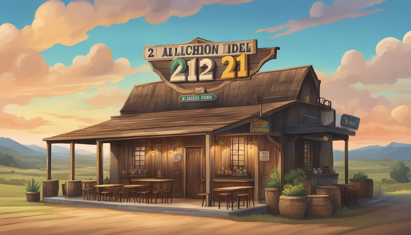 A rustic Texan bar with a "no alcohol under 21" sign, surrounded by rolling hills and a small town in the background