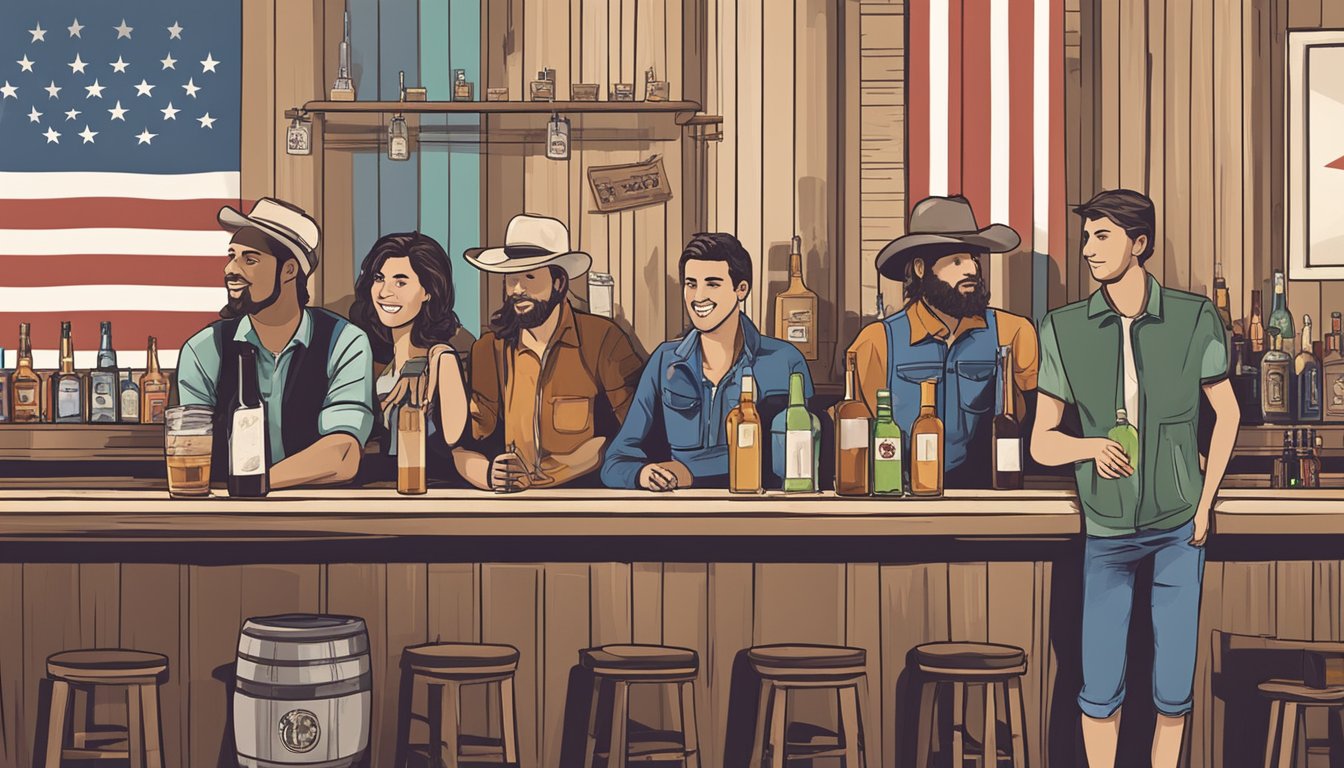 A group of people sitting at a bar in Texas, with various alcohol bottles displayed behind the counter. The Texas state flag is visible in the background