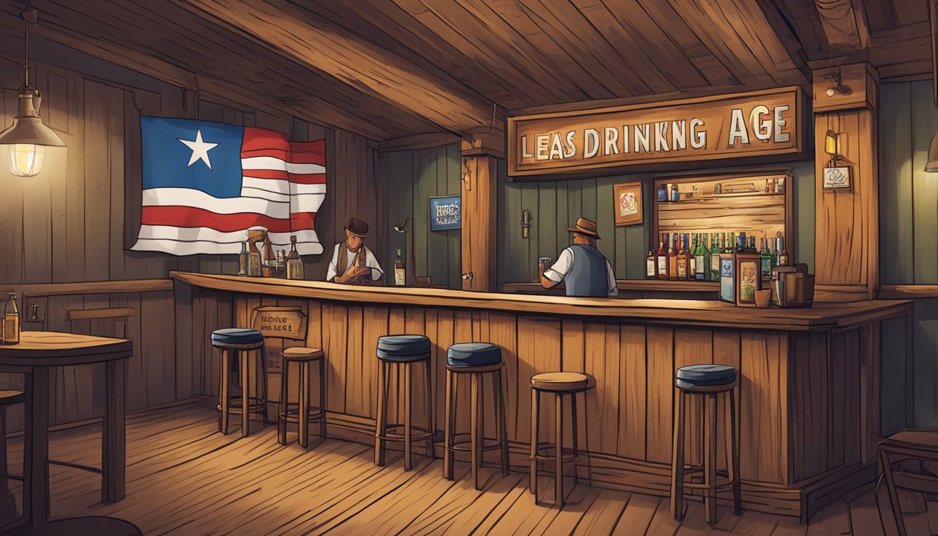 A rustic bar with Texas flag decor, a sign displaying "Legal Drinking Age 21," and a bartender checking IDs at the entrance