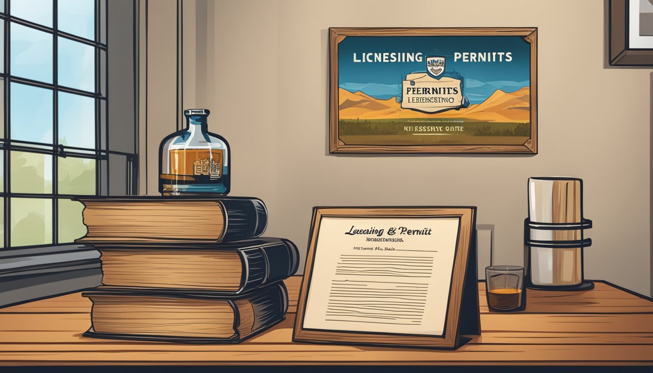 A rustic wooden sign with "Licensing and Permits" hangs outside a county office. A glass of whiskey sits on a desk, next to a stack of legal documents