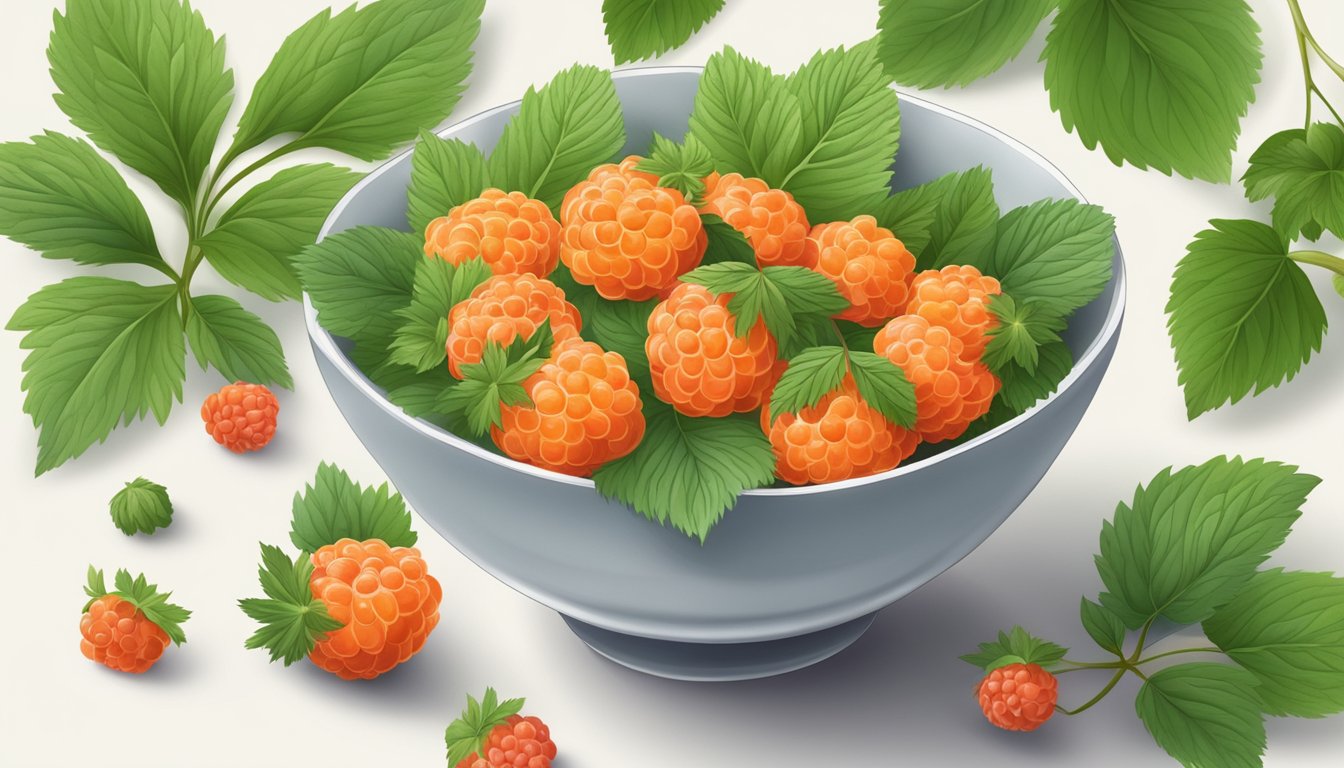 A bowl of fresh salmonberries surrounded by green leaves and flowers