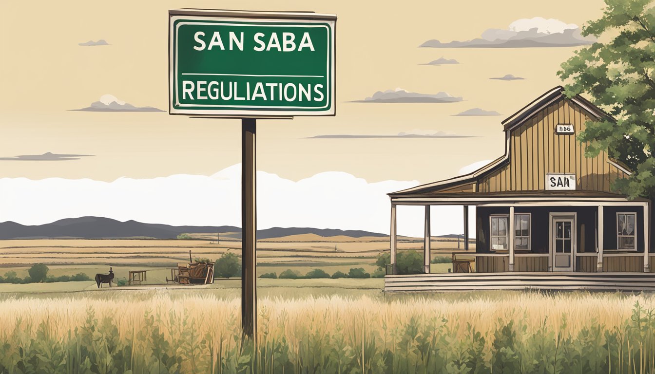 A rural landscape with a small town in the background, featuring a sign displaying "San Saba County Specific Regulations" and a symbol representing alcohol and drinking laws