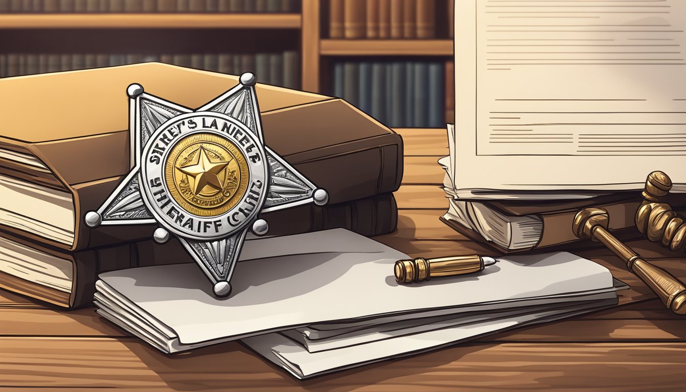 A sheriff's badge next to a stack of legal documents on a wooden desk