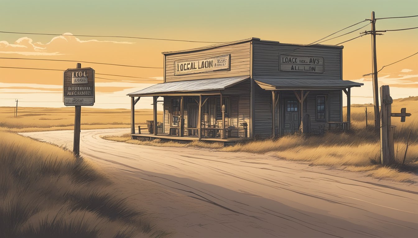 A dusty road winds through a rural Texas county, with a lone saloon and a sign displaying local alcohol laws