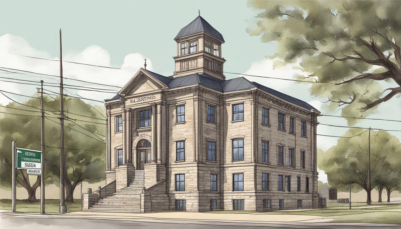 A rustic county courthouse with a sign displaying "Licensing and Permits" in San Saba County, Texas