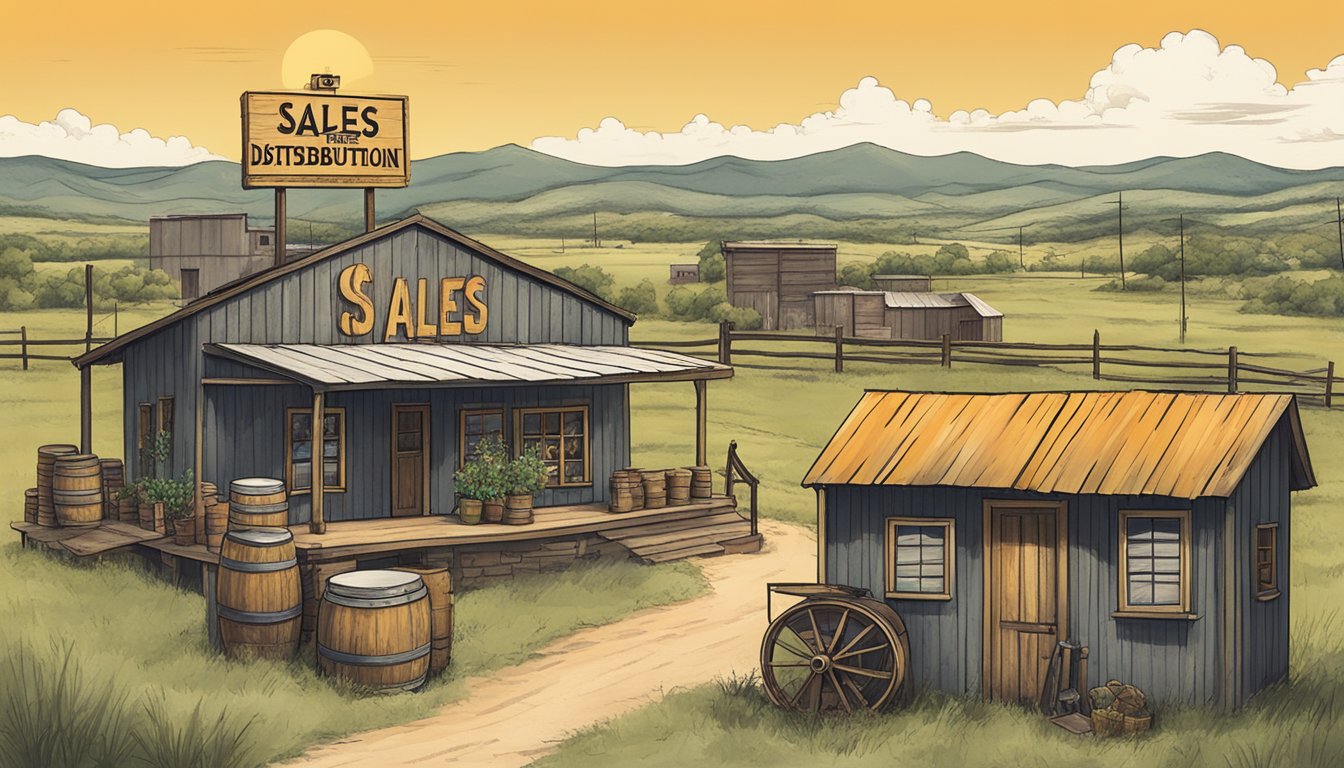 A rustic Texas landscape with a small town in the distance, featuring a sign displaying "Sales and Distribution Laws" and a symbol representing alcohol regulations