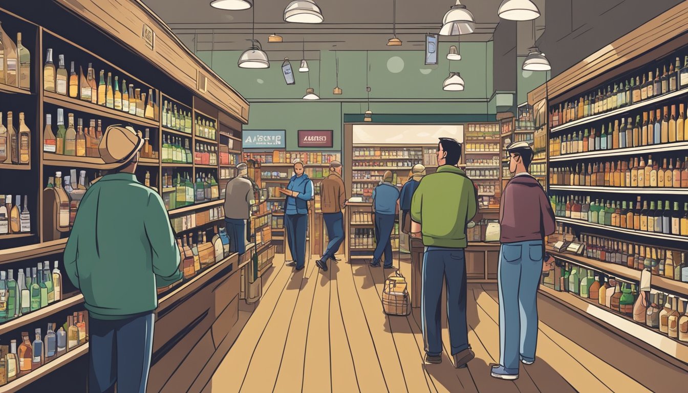 A bustling liquor store on a Sunday holiday, with customers browsing shelves and purchasing alcohol