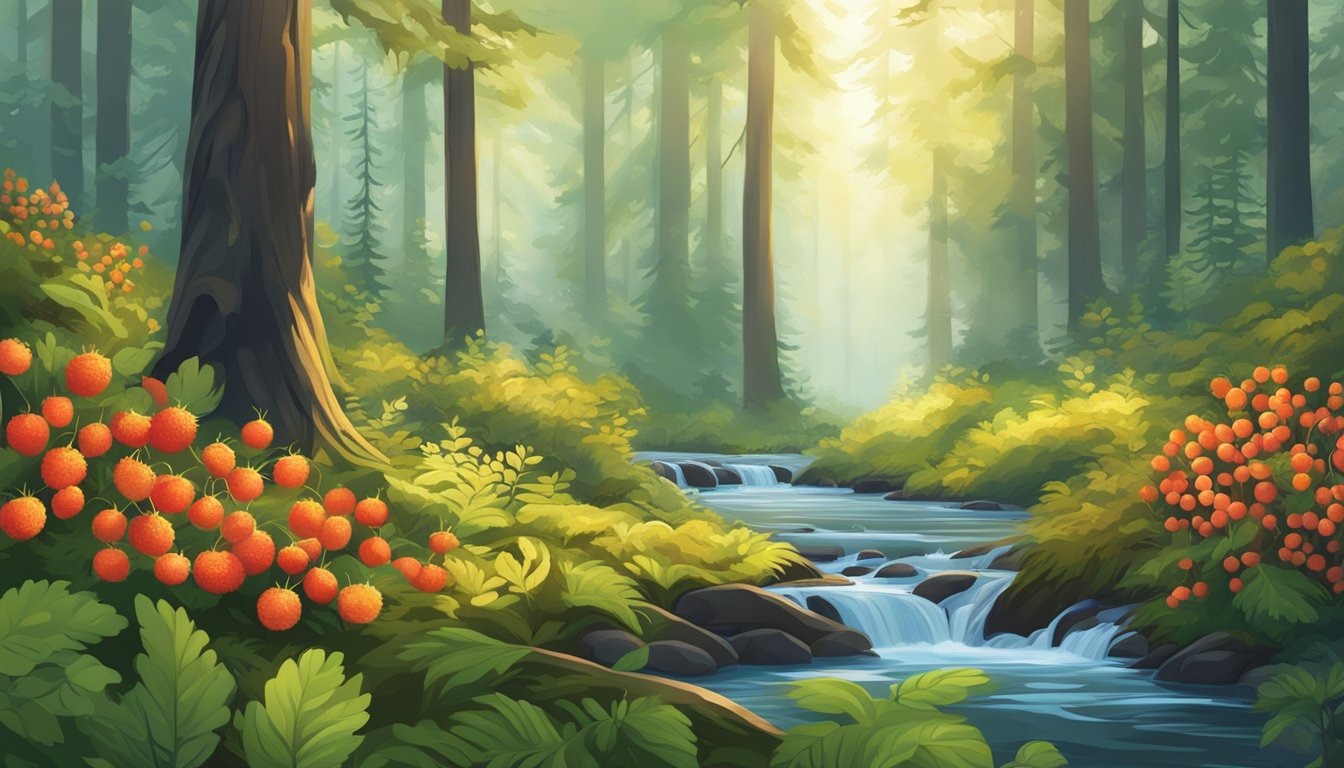 A lush forest floor with vibrant salmonberry bushes, ripe berries glistening in the sunlight. A serene stream flows nearby, surrounded by tall trees