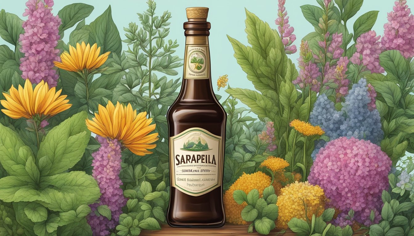 A bottle of sarsaparilla surrounded by vibrant, healthy plants and herbs, with a sense of natural wellness and vitality