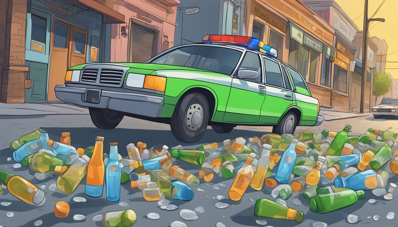 A person stumbling outside a local bar, with empty bottles scattered around and a police car approaching