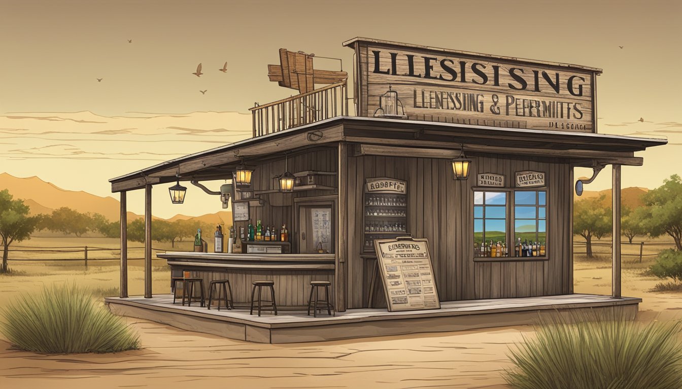 A rustic bar with a "Licensing and Permits" sign, set against the backdrop of the Starr County, Texas landscape