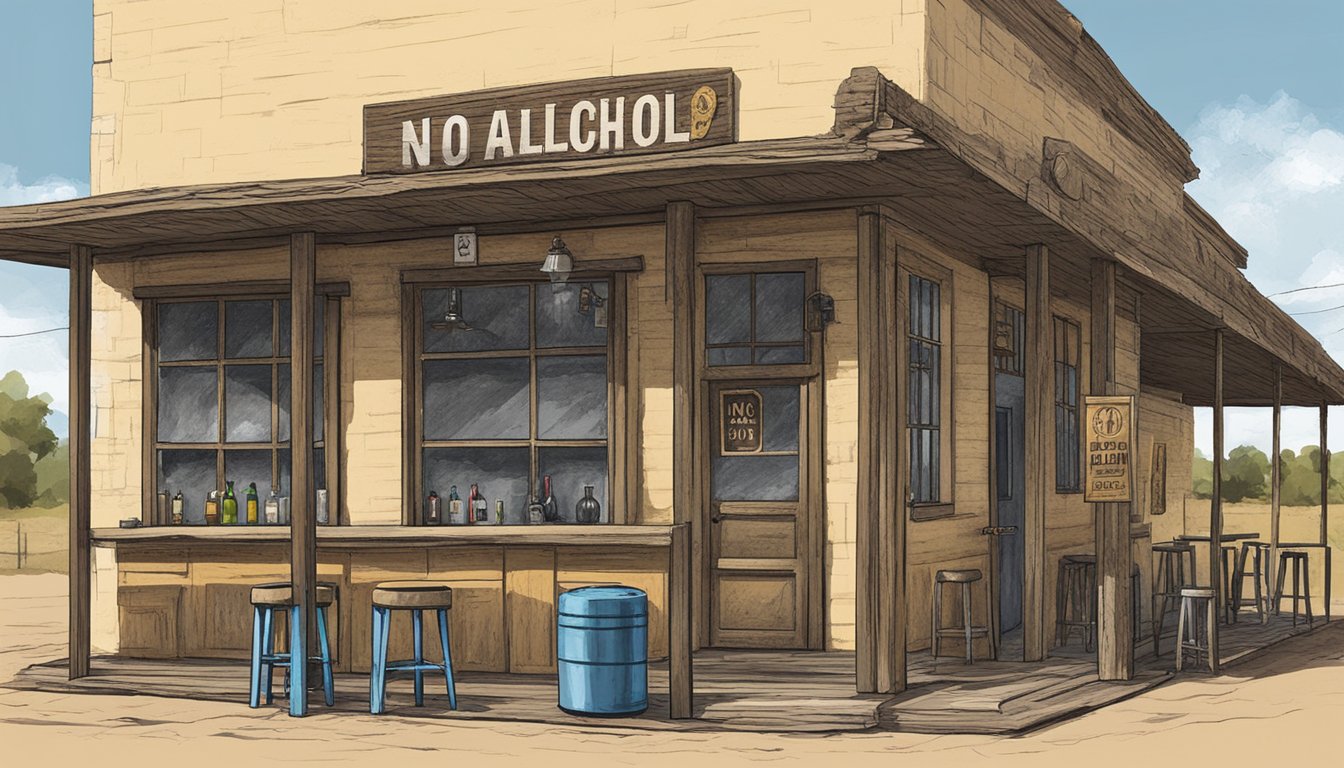 A rustic bar in San Saba County, Texas, with a prominent "No Alcohol" sign displayed prominently