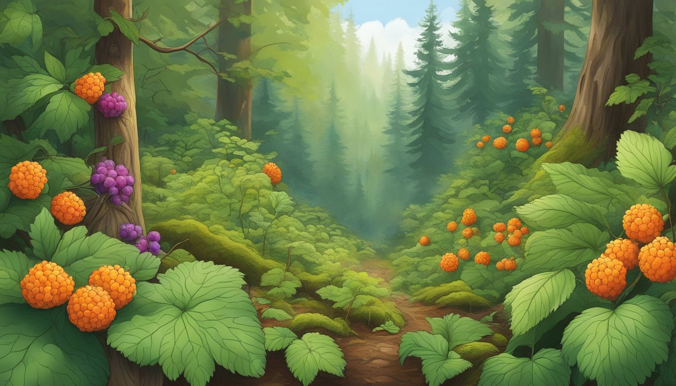 A lush forest floor with vibrant salmonberry bushes, ripe fruit, and various wildlife foraging and thriving in the natural ecosystem