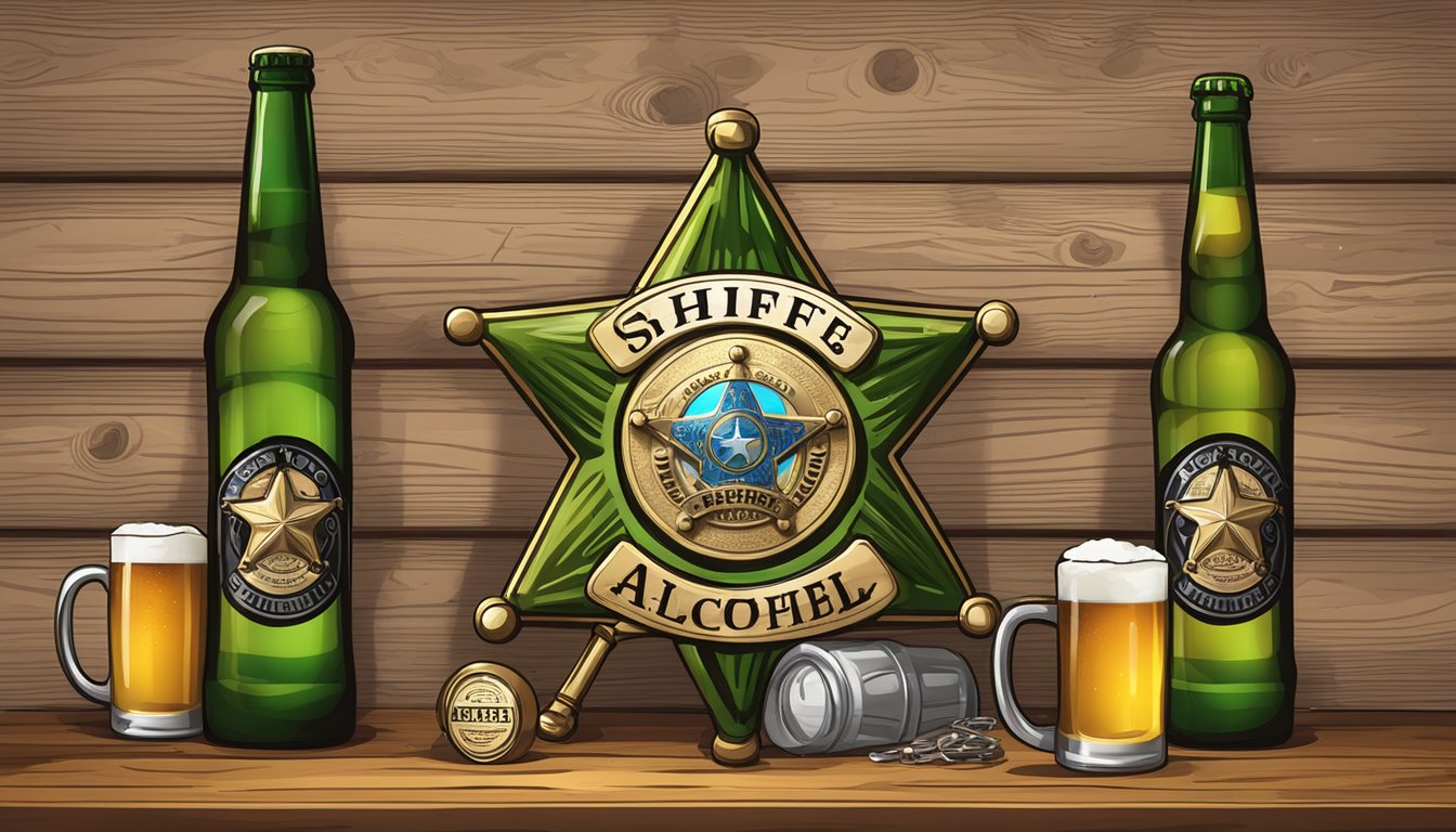 A sheriff's badge on a wooden table, surrounded by empty beer bottles and a "No Alcohol" sign