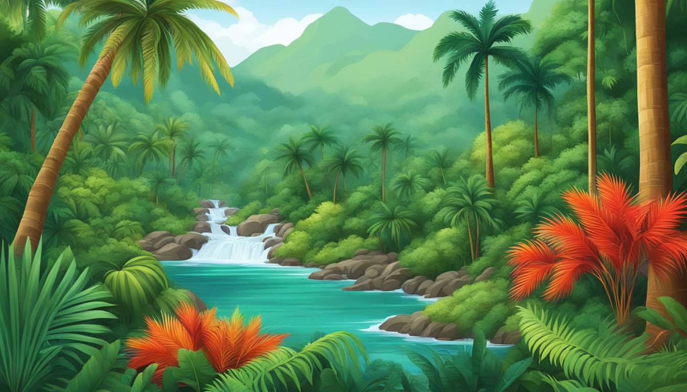 A lush tropical rainforest with vibrant red palm trees, diverse wildlife, and clear streams flowing through the landscape