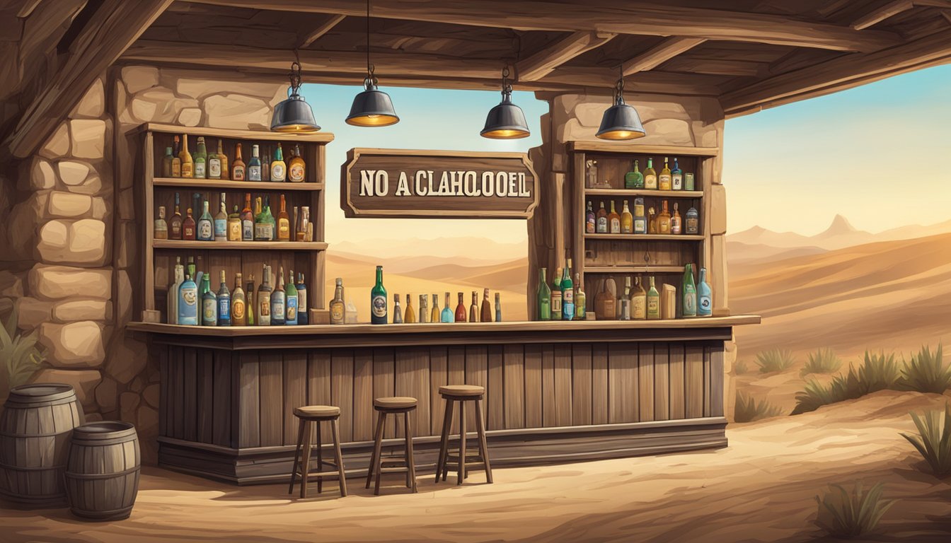 A rustic bar with a "no alcohol" sign, surrounded by dry, dusty landscape and a sheriff's badge on the wall