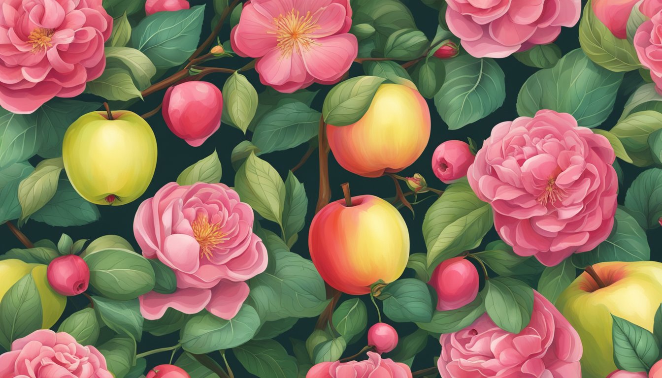 A vibrant illustration of ripe rose apples surrounded by leaves and flowers, with a focus on the fruit's nutritional benefits