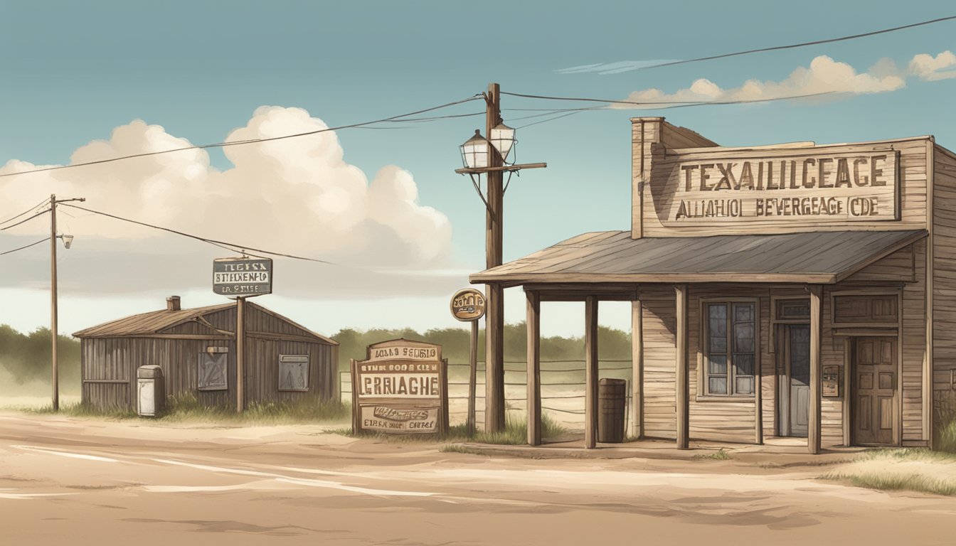 A dusty, small-town Texas scene with a weathered sign displaying "Texas Alcoholic Beverage Code" and a quiet street in Schleicher County