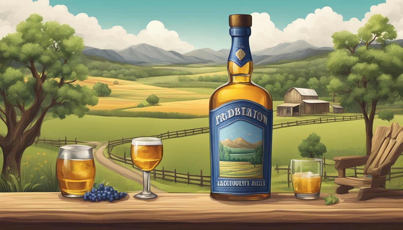 A rural Texan landscape with a prominent county sign and a prohibition symbol over a bottle of alcohol