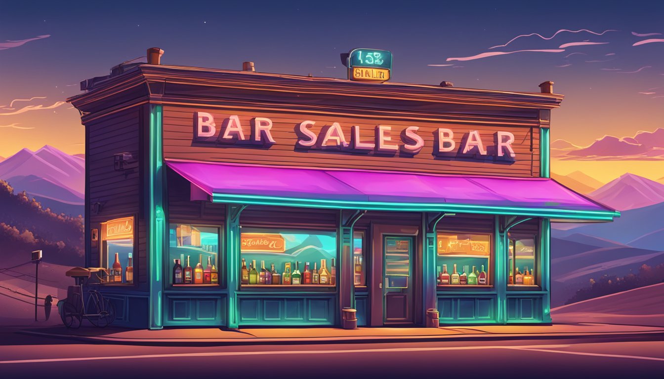 A small town bar with a neon sign advertising alcohol sales, surrounded by rolling hills and a clear blue sky