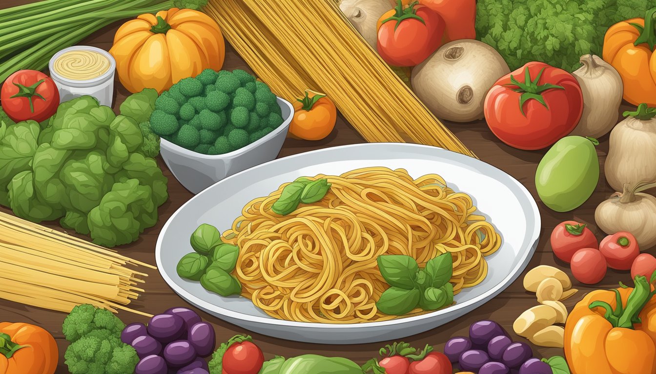 A colorful array of spaghetti beans, surrounded by vibrant vegetables and fruits, with a measuring tape and nutrition facts chart nearby