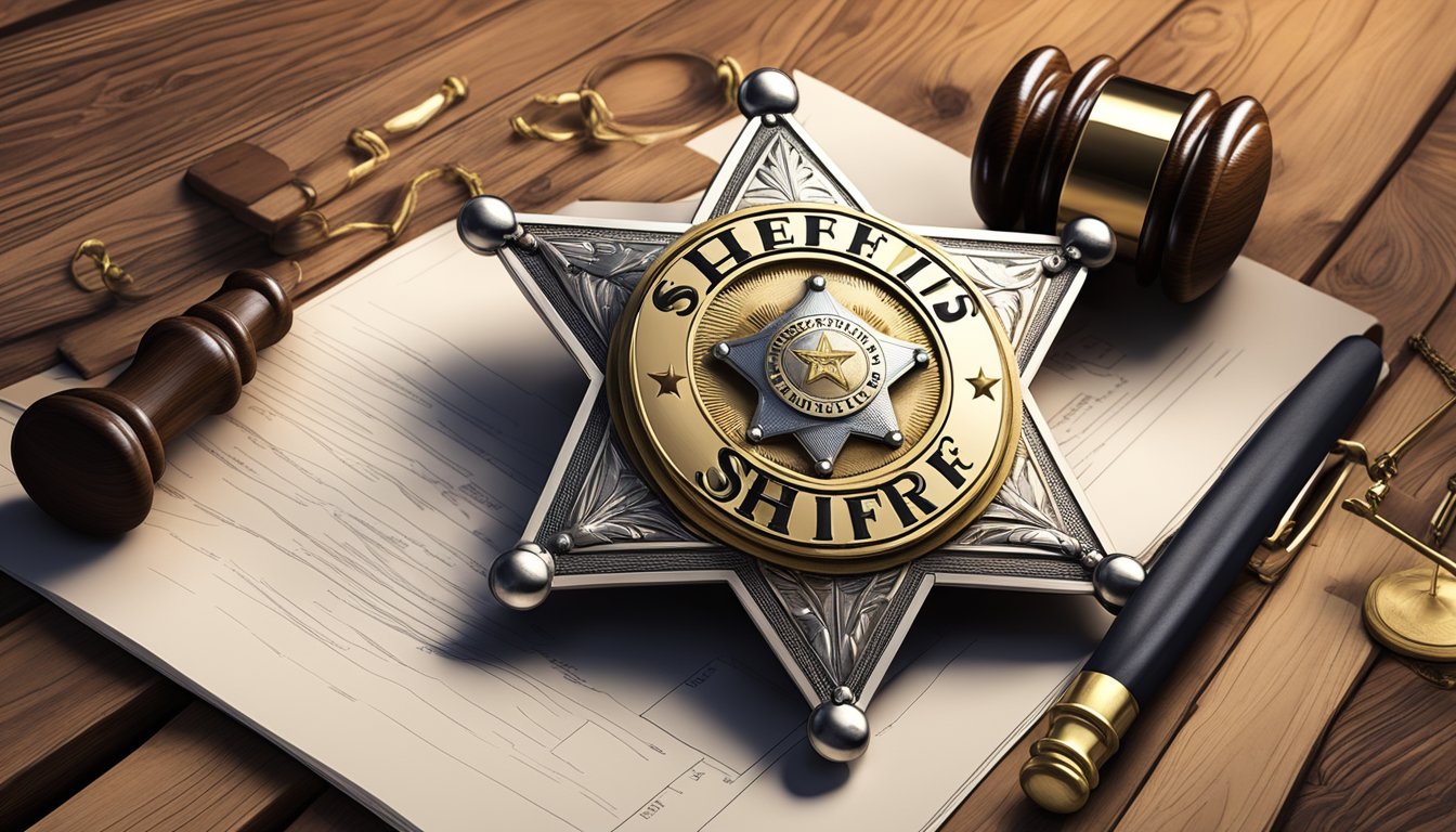 A sheriff's badge on a rustic wooden desk, surrounded by legal documents and a gavel