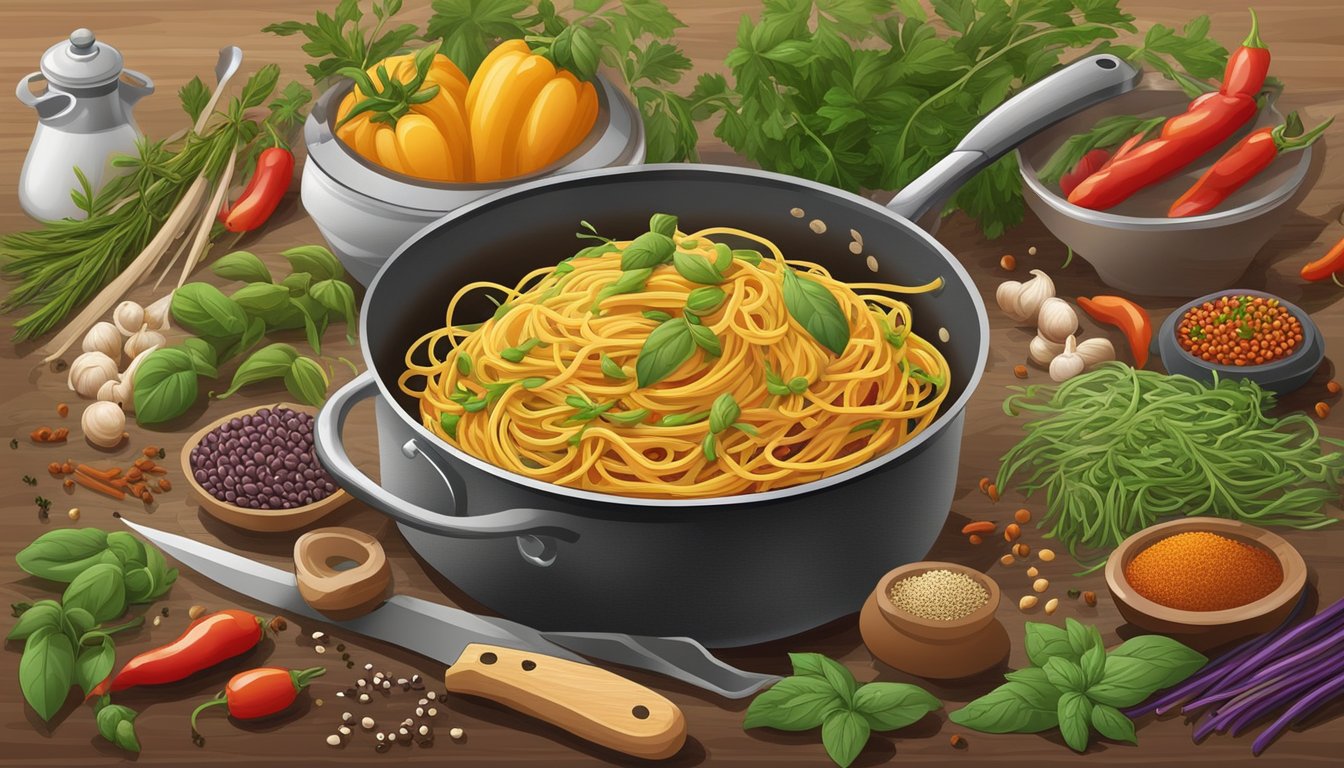 A colorful array of fresh spaghetti beans, surrounded by vibrant herbs and spices, with a steaming pot and a chef's knife nearby