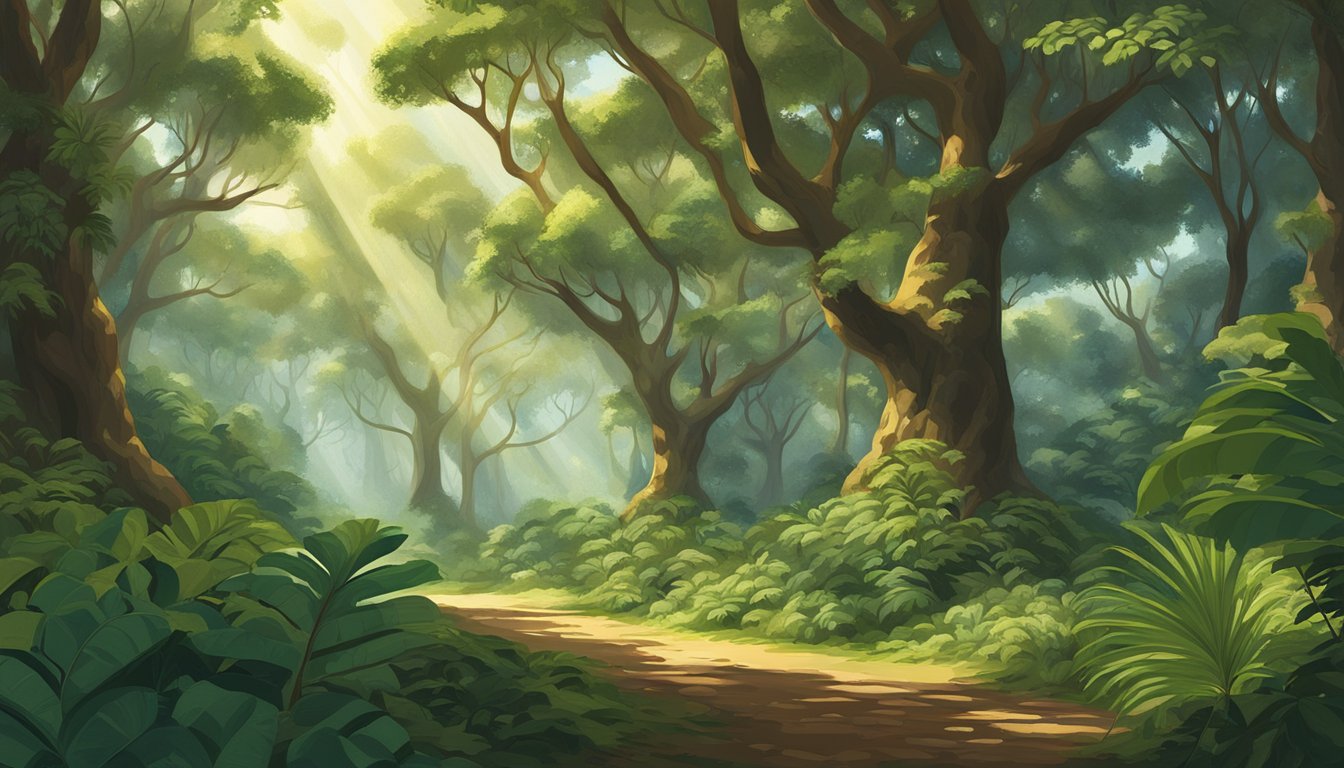 A lush tropical forest with kukui nut trees standing tall, their branches heavy with clusters of shiny, brown nuts. The sunlight filters through the dense foliage, casting dappled shadows on the forest floor