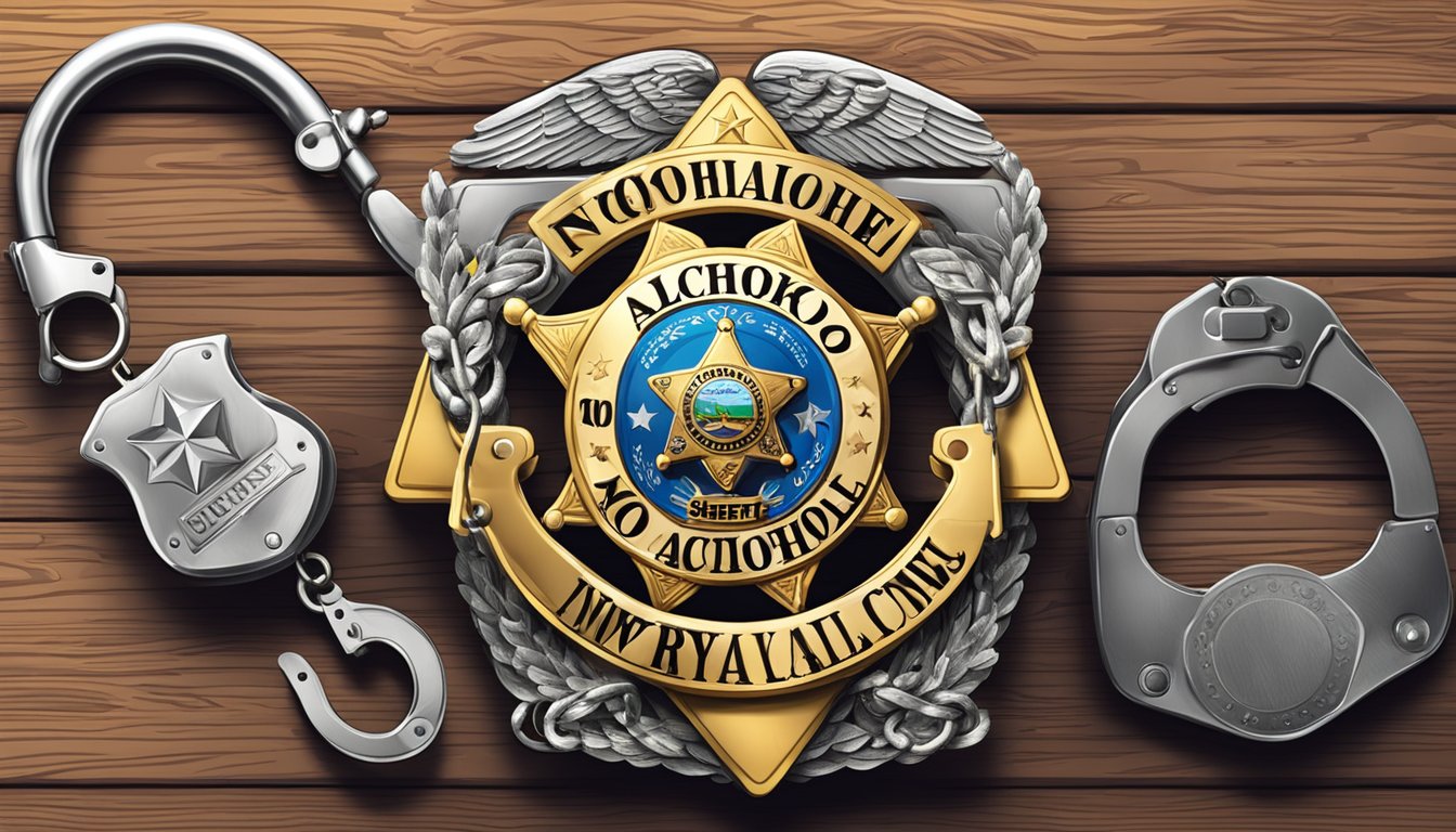 A sheriff's badge and handcuffs on a wooden desk, with a "No Alcohol" sign in the background