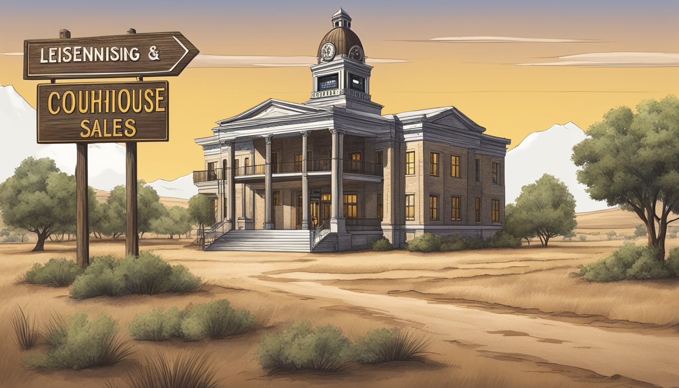 A rustic county courthouse with a "Licensing and Sales" sign, surrounded by dry Texas landscape