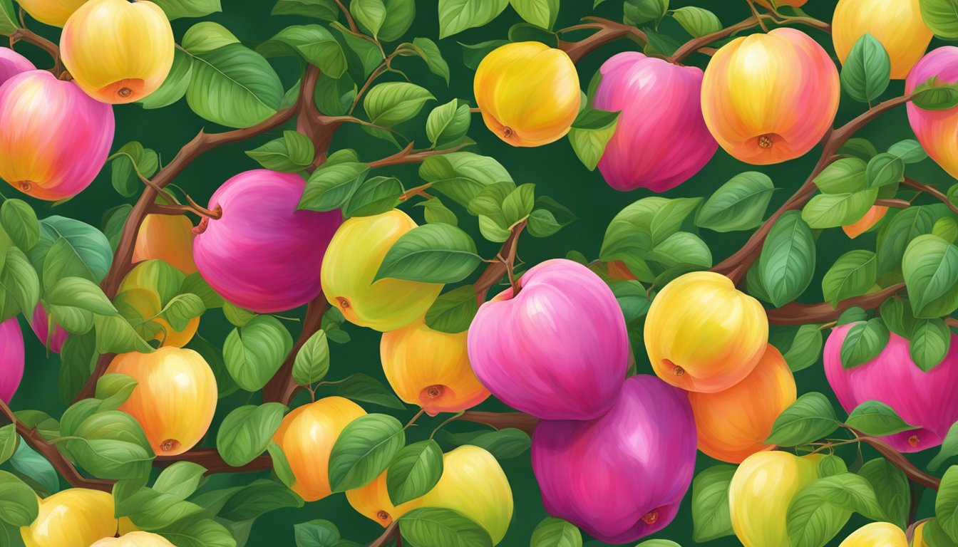 A vibrant rose apple tree surrounded by lush green foliage, with ripe pink and yellow fruits hanging from the branches