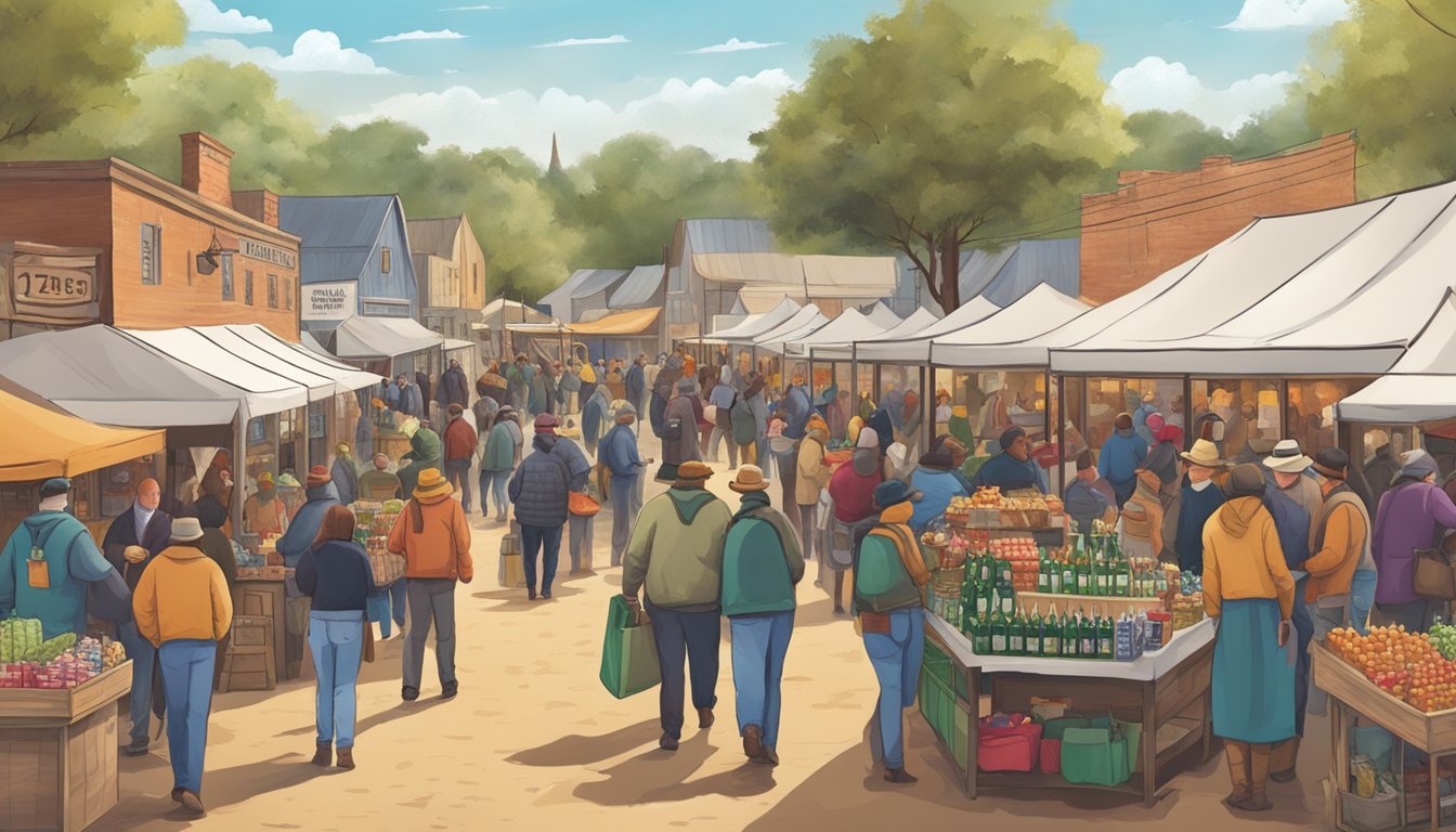 A bustling holiday market with vendors selling alcohol and festive drinks in a small Texas county