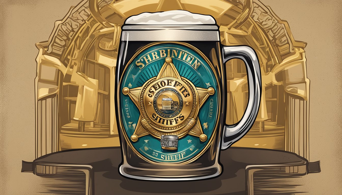 A sheriff's badge pinned to a prohibition-era poster with a crossed-out beer mug