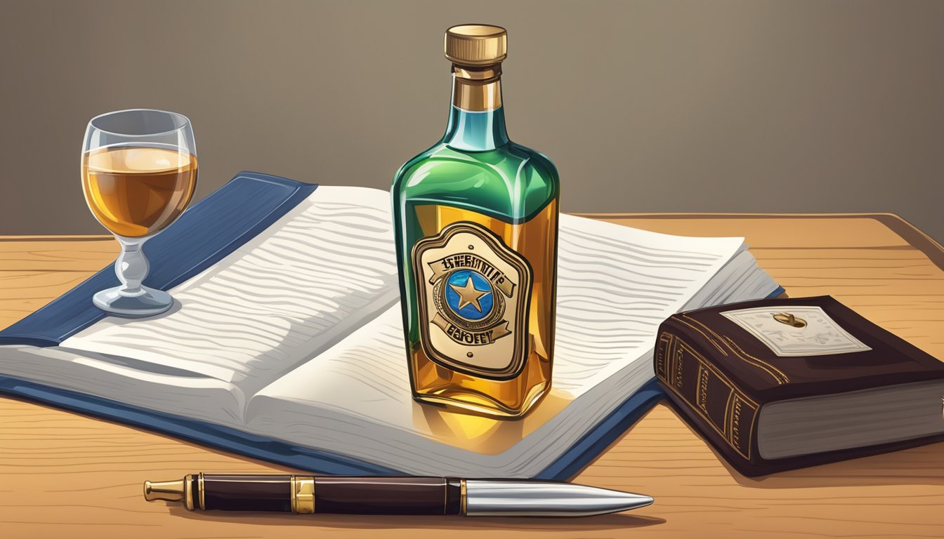 A sheriff's badge and a bottle of alcohol on a table, with a law book open to the relevant page