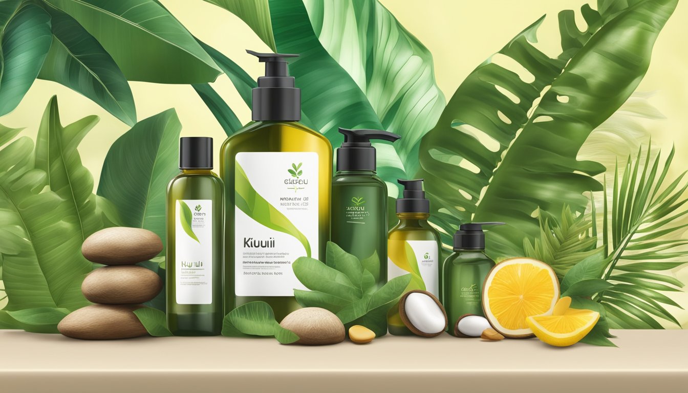 A bottle of kukui nut oil surrounded by various hair care products and a lush tropical background