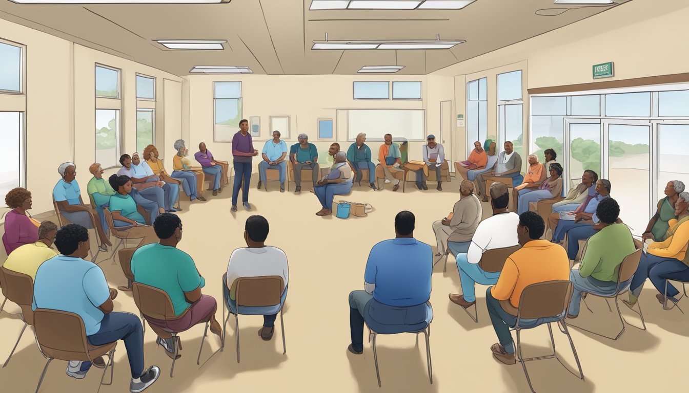 A group of people gathering in a local community center, discussing responsible consumption and community health in Schleicher County, Texas