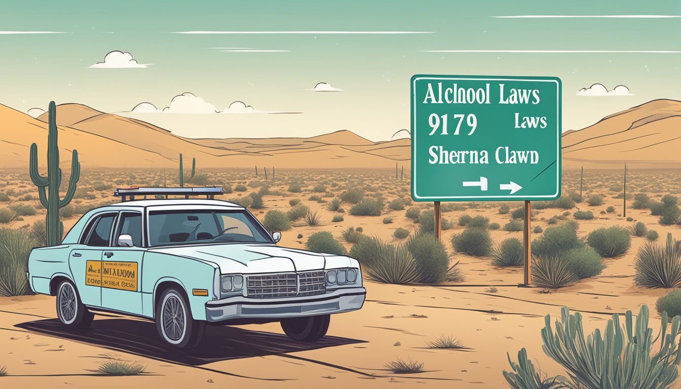 A car driving through the arid landscape of Sherman County, Texas, with a sign displaying alcohol and drinking laws in the background