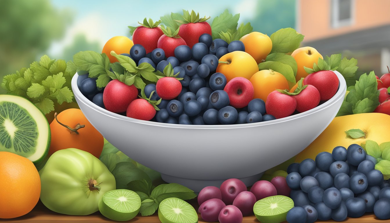 A bowl of fresh saskatoon berries surrounded by a variety of other colorful fruits and vegetables, with a measuring tape and a nutrition label in the background