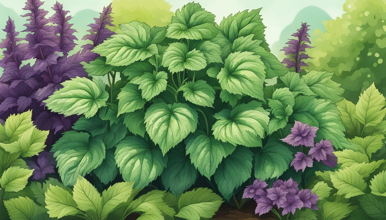 A bountiful shiso plant with vibrant green leaves, growing in a sun-drenched garden surrounded by other lush herbs and vegetables