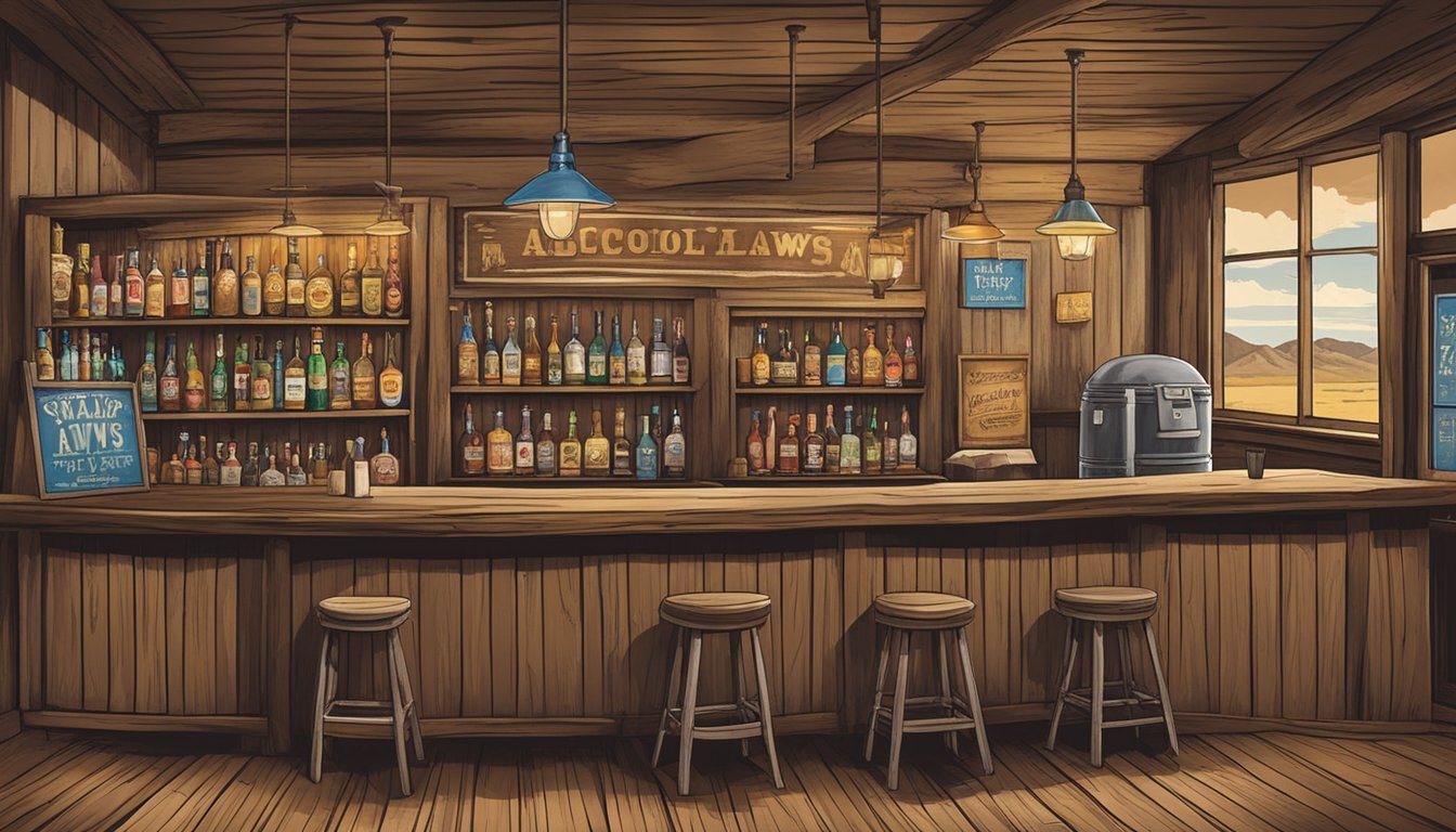 A rustic bar in rural Texas, with cowboy hats hanging on the wall and a sign displaying the county's alcohol laws