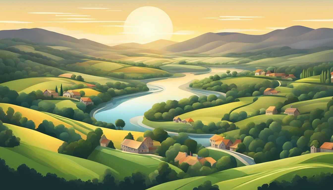 A serene rural landscape with rolling hills, a winding river, and a small town nestled among the trees