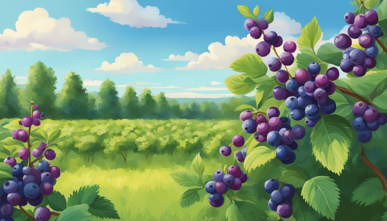 A lush field of saskatoon berry bushes, with ripe purple berries hanging from the branches, surrounded by vibrant green foliage and a clear blue sky above