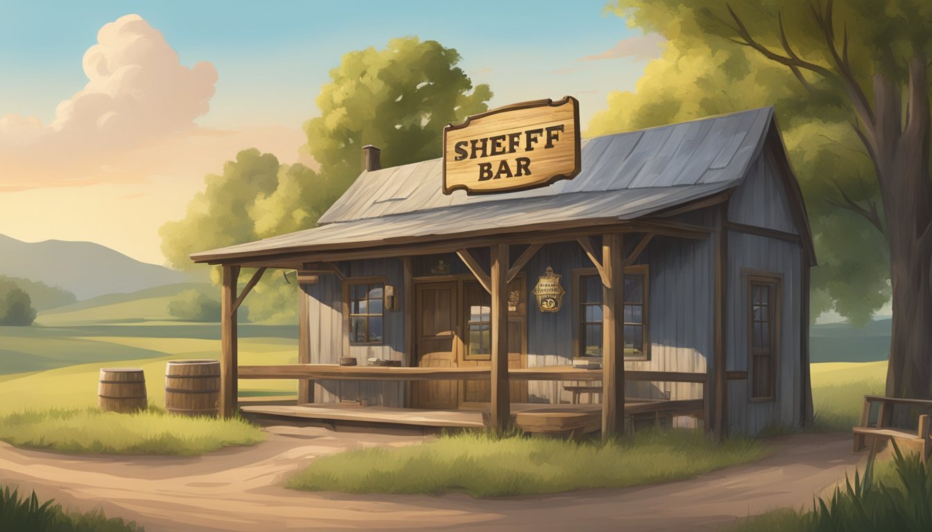 A serene rural landscape with a rustic bar sign and a sheriff's badge displayed prominently